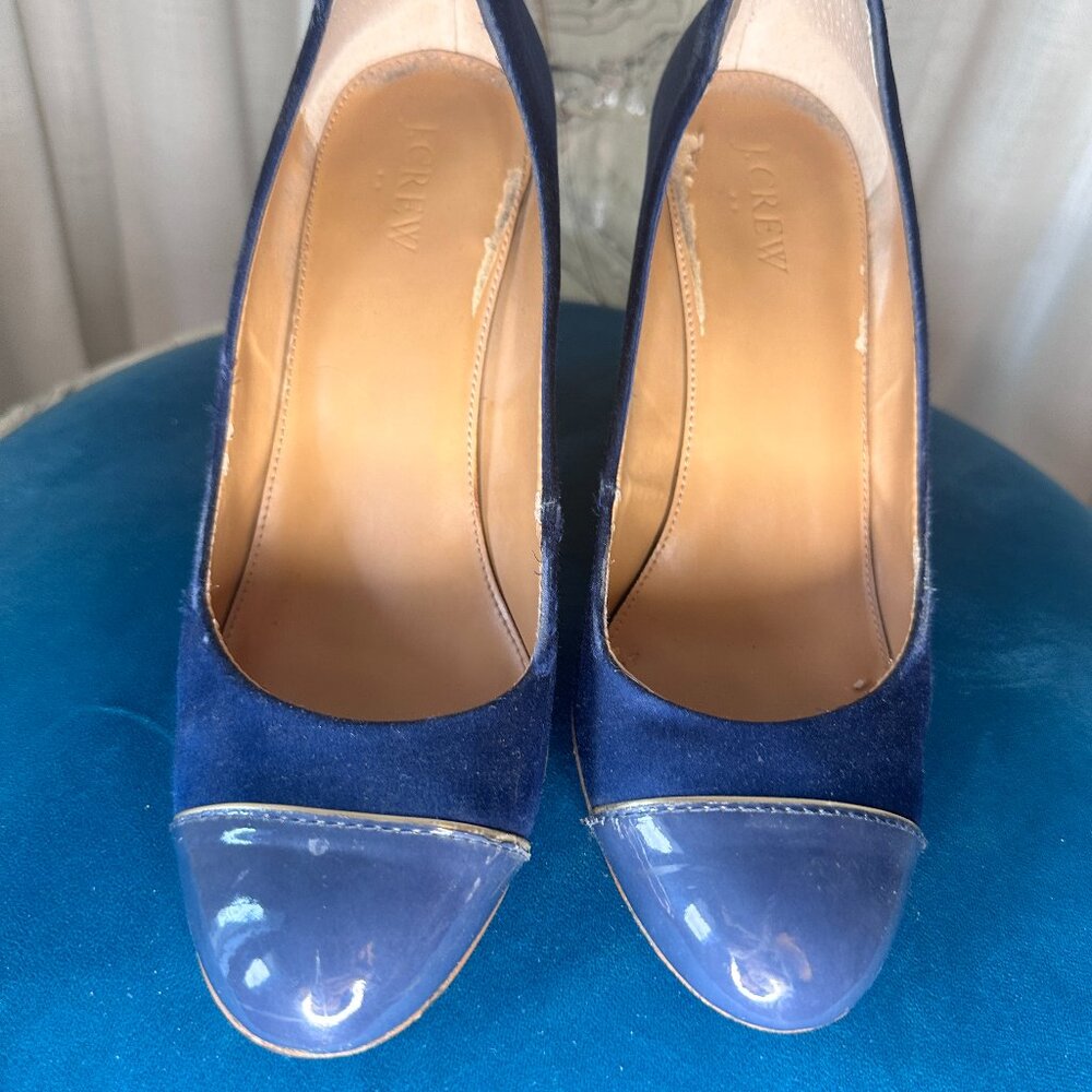 J.Crew Navy Blue Satin & Leather Chunky Heels - 4”